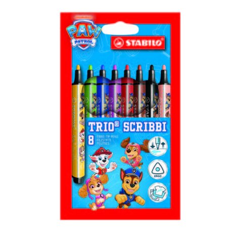 Stabilo Trio Scribbi Patrulla Canina Pack con 8 Rotuladores con DiseÃ±os de la Patrulla Canina - Punta de Fibra Amortiguada - Trazo entre 1,5-2mm - Forma Triangular - Tinta Super Lavable - Colores Surtidos