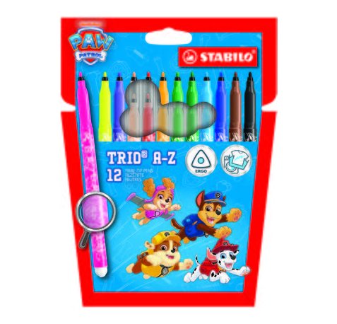 Stabilo Trio A-Z Patrulla Canina Pack de 12 Rotuladores con DiseÃ±os de la Patrulla Canina - Punta Fina de Fibra - Trazo 0.7mm - Tinta Lavable - Zona de Agarre Triangular - Colores Surtidos