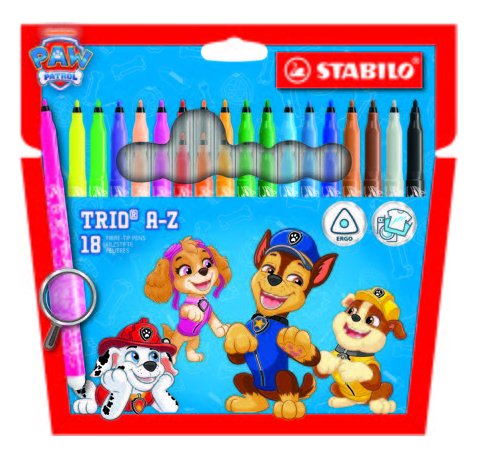 Stabilo Trio A-Z Patrulla Canina Pack de 18 Rotuladores con DiseÃ±os de la Patrulla Canina - Punta Fina de Fibra - Trazo 0.7mm - Tinta Lavable - Zona de Agarre Triangular - Colores Surtidos