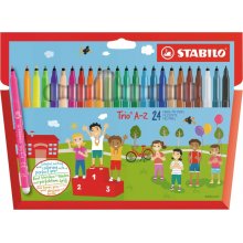 Stabilo Trio A-Z Pack con 24 Rotuladores de Punta Fina de Fibra - Trazo 0.7mm - Tinta Lavable - Zona de Agarre Triangular - Colores Surtidos