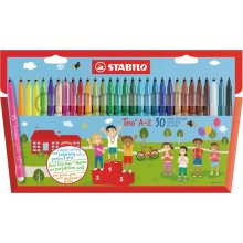 Stabilo Trio A-Z Pack con 30 Rotuladores de Punta Fina de Fibra - Trazo 0.7mm - Tinta Lavable - Zona de Agarre Triangular - Colores Surtidos