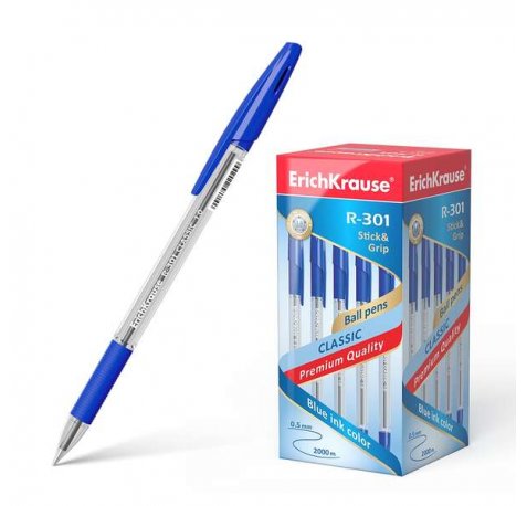 Erichkrause Boligrafo R-301 Classic Stick&Grip 1.0 - Cuerpo Transparente Hexagonal - Zona de Agarre de Goma - Capuchon Ventilado - Tinta de Secado Rapido - Color Azul (50 uds)