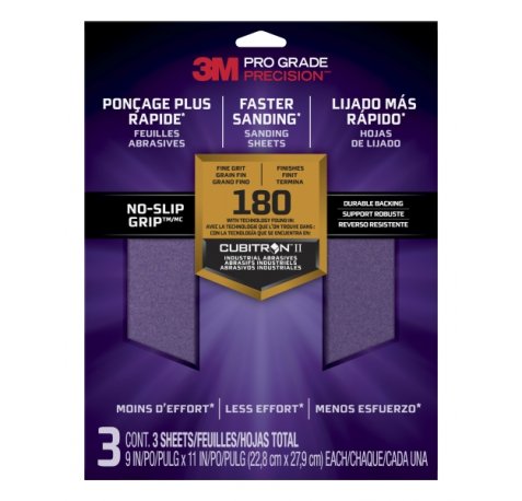 3M Pro Grade Precision Pack de 3 Hojas de Lijado - Grano 180 Fino - 22.8x27.9cm - Rendimiento Superior - Reduccion de Fatiga - Color Lavanda