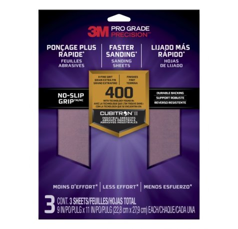 3M Pro Grade Precision Pack de 3 Hojas de Lijado - Grano 400 Extrafino - 22.8x27.9cm - Rendimiento Superior - Reduccion de Fatiga - Color Morado