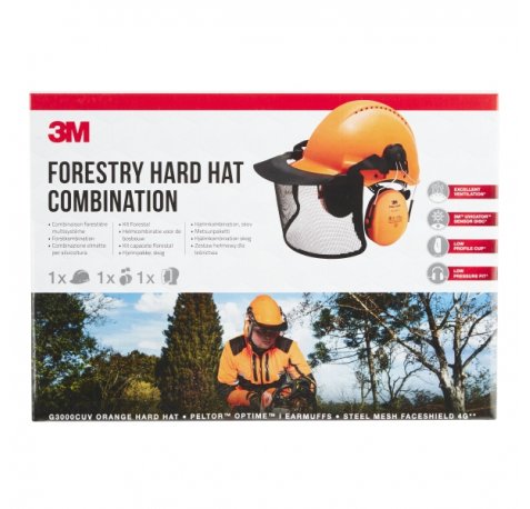 3M Pack Forestal de Seguridad para Cabeza - Casco Protector - Orejeras Auditivas - Pantalla Facial de Malla de Acero - Color Naranja