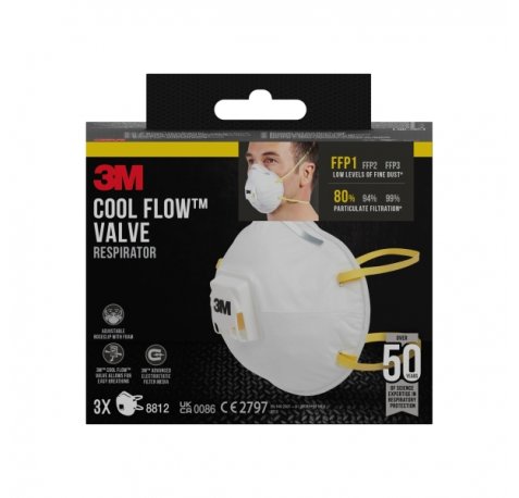 3M Cool Flow Pack de 3 Mascarillas para Particulas FFP1 - Desechable - con Valvula - para Niveles Bajos de Particulas - Color Blanco
