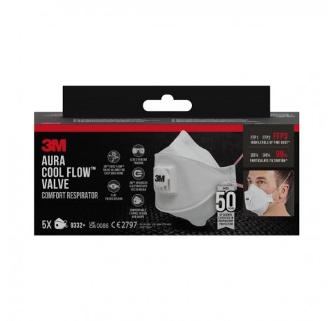 3M Aura Comfort Cool Flow Pack de 5 Mascarillas para Particulas FFP3 - Desechable - con Valvula - para Altos Niveles de Particulas - Color Blanco