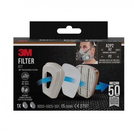 3M Filtros de Repuesto para Mascara de Media Cara - Proteccion Contra Vapores Organicos A2 - Proteccion Contra Nivel Medio de Particulas P2 - Color Gris