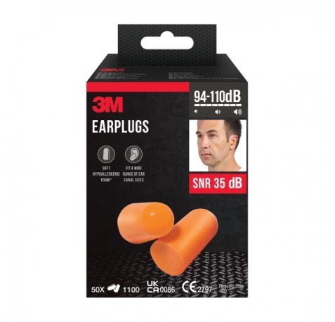 3M Pack de 100 Tapones para Oidos - Espuma Suave - SNR 35dB - 50 Pares - Color Naranja