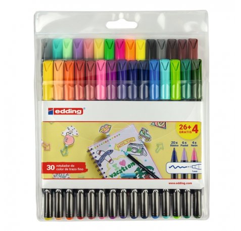 Edding 1200 Pack de 30 Rotuladores - Punta Redonda - Tinta con Base de Agua - Colores Clasicos, Neon y Pastel Surtidos