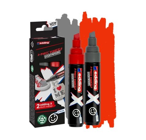 Edding X 6900 Pack de 2 Rotuladores Multisuperficie Permanentes de Tinta Opaca - Punta Biselada con Trazo 2-10mm - Color Gris y Rojo