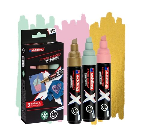 Edding X 6900 Pastel Pack de 3 Rotuladores Multisuperficie Permanentes de Tinta Opaca - Punta Biselada con Trazo 2-10mm - Color Oro, Verde Menta y Rosa Pastel