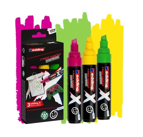 Edding X 6900 Caramelo Pack de 3 Rotuladores Multisuperficie Permanentes de Tinta Opaca - Punta Biselada con Trazo 2-10mm - Color Amarillo, Verde y Magenta