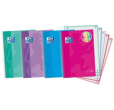 Oxford Europeanbook 5 Cuaderno Espiral Formato A4+ Cuadriculado 5x5mm - 120 Hojas - Tapa Extradura acabado Brillante - 5 Bandas de Color - Colores Surtidos Tendencia (5 uds)