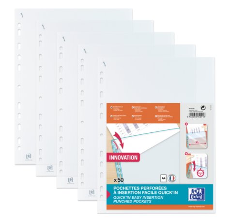 Oxford Quick'In A4 Fundas Multitaladro - Polipropileno Estandar - Cristal 50m - Facil Insercion - Proteccion Duradera (20 uds)