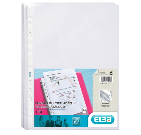 Elba Pack de 10 Fundas Multitaladro Standard A4 - Material de PP de 70? - Transparente y Cristalino