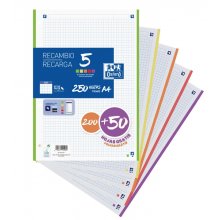 Oxford School Pack de 5 A4 Recambio - 5x5 Promocion - 200+50 Hojas - Colores Surtidos (10 uds)