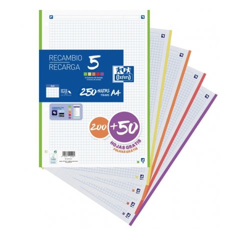 Oxford School Pack de 5 A4 Recambio - 5x5 Promocion - 200+50 Hojas - Colores Surtidos (10 uds)