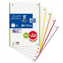 Oxford School Pack de 5 A4 Recambio - 1 Linea Promocion - 100+20 Hojas - Colores Surtidos (20 uds)