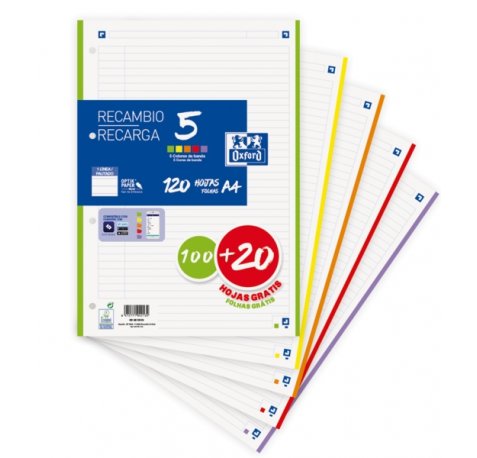 Oxford School Pack de 5 A4 Recambio - 1 Linea Promocion - 100+20 Hojas - Colores Surtidos (20 uds)
