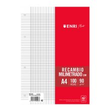 Enri Plus 90gr A4 Recambio Milimetrado - Papel de 90gr - Formato A4 - con Margen - 4 Taladros - 100 Hojas (25 uds)