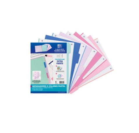 Oxford Strongline A4 Separadores 5 Posiciones - Plastico Opaco Resistente - 4 Taladros para Facil Colocacion - Grosor de 500 Micras - Tamaño Estandar A4 - Colores Surtidos (25 uds)