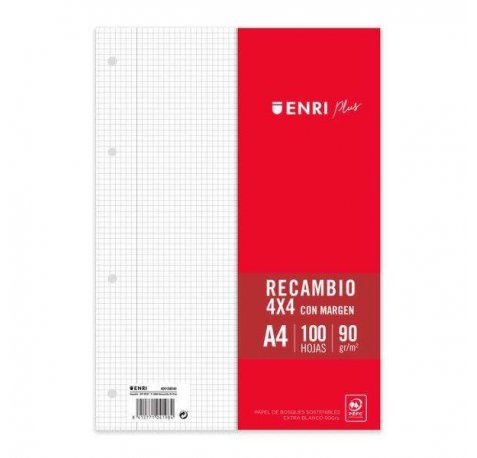 Enri Plus Recambio Formato A4 - Cuadriculado 4x4mm 4 Taladros - 100 Hojas 90gr con Margen