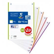 Oxford School Pack de 5 A4 Recambio - 4x4 Promocion - 100+20 Hojas - Colores Surtidos (20 uds)