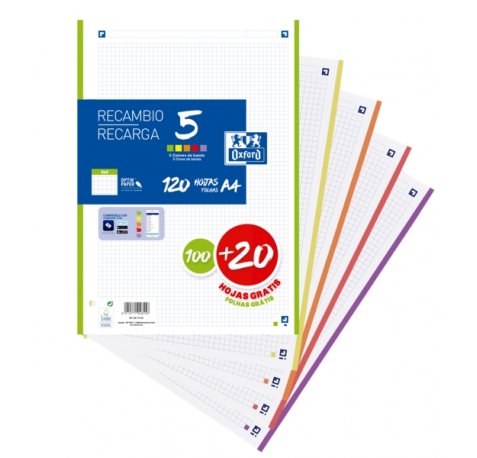 Oxford School Pack de 5 A4 Recambio - 4x4 Promocion - 100+20 Hojas - Colores Surtidos (20 uds)
