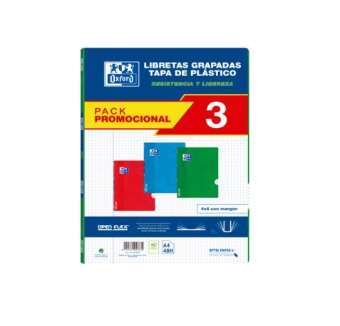 Oxford School Classic Pack 3 - Libreta Grapada Openflex - Tapa de Plastico A4 - 4x4 con Margen - 48 Hojas - 3 Colores