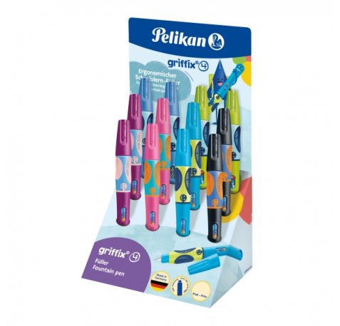Pelikan Griffix Expositor con 12 Plumas Estilograficas para Diestros - Plumin de Acero Inoxidable - 3 Puntos de Agarre con Indicador - Ergonomico - Tapa Protectora - Colores Surtidos