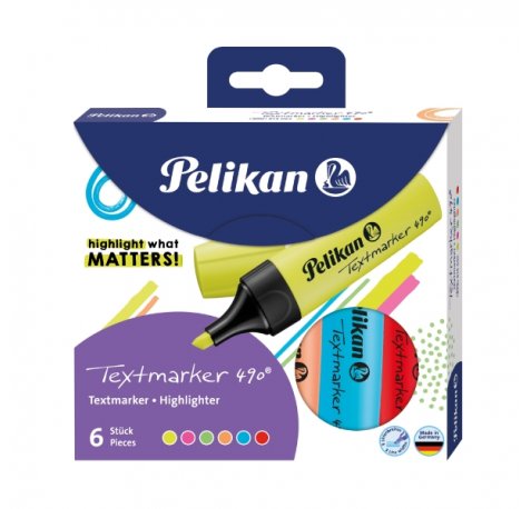Pelikan Textmarker 490 Pack de 6 Marcadores Fluorescentes - Base de Agua - Punta Biselada con 3 Anchos de Trazo - Colores Surtidos