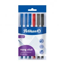 Pelikan Hang Stick Pack de 6 Boligrafos de Colores - Trazo de 1mm - Capuchon Antiasfixia - Cuerpo Triangular Ergonomico - Gancho - Tinta a Base de Aceite - Colores Surtidos