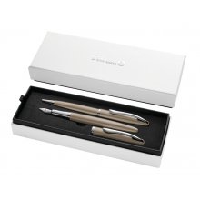 Pelikan Jazz Noble Set de Boligrafo y Estilografica - Cuerpo Satinado con Detalles Cromados - Incluye Estuche de Regalo - Color Pardo
