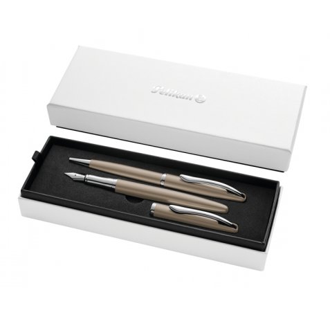 Pelikan Jazz Noble Set de Boligrafo y Estilografica - Cuerpo Satinado con Detalles Cromados - Incluye Estuche de Regalo - Color Pardo