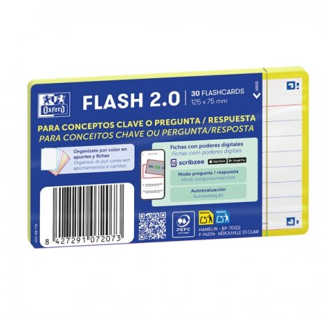 Oxford Pack de 30 FlashCards 2.0 - Formato A7 - Rayado Horizontal 1 Linea - Cartulina de 250g - Digitalizacion de Textos con App - Color Amarillo