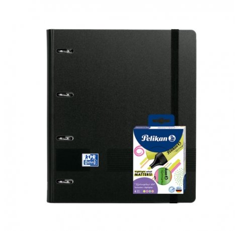 Oxford Europeanbinder Live & Go A4+ Pack con Carpeta TamaÃ±o A4+ con Recambio de 100 Hojas + Pack con 4 Marcadores Pelikan Testmarker 490 - Tapa de Plastico Polyfoam - Cierre con Goma - Color Negro