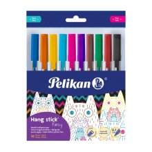 Pelikan Hang Stick Pack de 10 Boligrafos de Bola - Trazo de 0.7mm - Capuchon Antiasfixia - Cuerpo Triangular Ergonomico - Gancho - Tinta a Base de Aceite - Colores Surtidos
