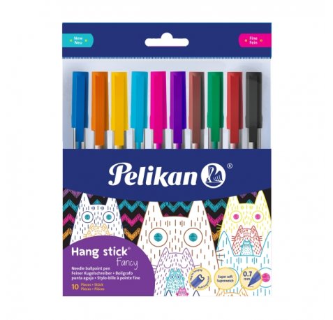 Pelikan Hang Stick Pack de 10 Boligrafos de Bola - Trazo de 0.7mm - Capuchon Antiasfixia - Cuerpo Triangular Ergonomico - Gancho - Tinta a Base de Aceite - Colores Surtidos