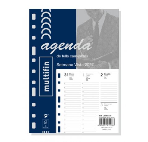 Finocam Recambio Anual para Agenda Multifin en Catalan - Anual 2027 - Semana Vista Vertical - Formato 3002 - 155x215mm - 11 Taladros - Papel de 80g/m2 - Esquinas Microperforadas - Color Blanco