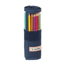 Safta el Ganso Eclipse Plumier Enrollable - 27 Piezas - Cierre con Velcro - Bolsillo con Cremallera - Goma - Lapiz - Boligrafos - Sacapuntas - 10 Rotuladores - 70x70x200mm - Color Azul Marino