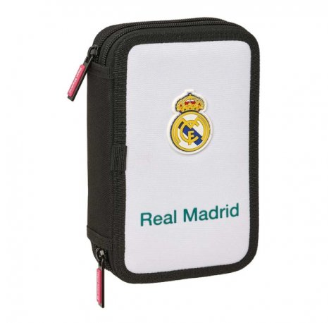 Safta Real Madrid Equipacion 26/27 Plumier de 2 Pisos - 29 Piezas - Goma - Lapiz - 2 Boligrafos - Sacapuntas - 10 Colores - 14 Rotuladores - 12.5x19.5x4cm - Color Blanco y Negro