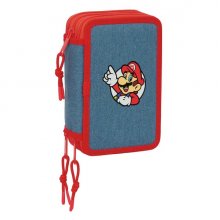 Safta Super Mario Plumier de 3 Pisos - 37 Piezas - Goma - Lapiz - 2 Boligrafos - Sacapuntas - 2 Reglas - 16 Colores - 14 Rotuladores - 12.5x19.5x5.5cm - Color Rojo y Azul