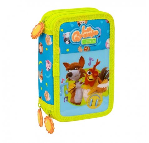 Safta la Granja de Zenon Plumier de 3 Pisos - 37 Piezas - Goma - Lapiz - 2 Boligrafos - Sacapuntas - 2 Reglas - 16 Colores - 14 Rotuladores - 12.5x19.5x5.5cm - Color Azul y Amarillo