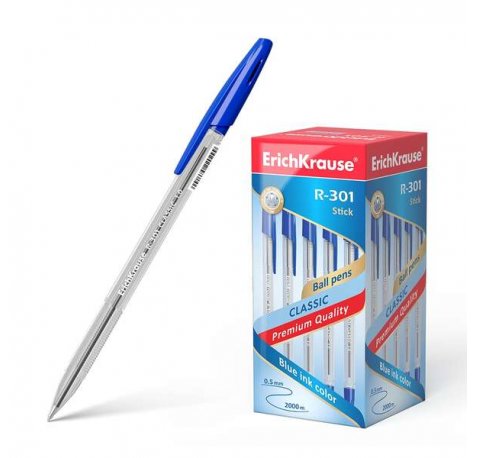 Erichkrause Boligrafo R-301 Classic Stick 1.0 - Cuerpo Transparente Hexagonal - Punta de 1.0mm - Tinta de Secado Rapido - Color Azul (50 uds)