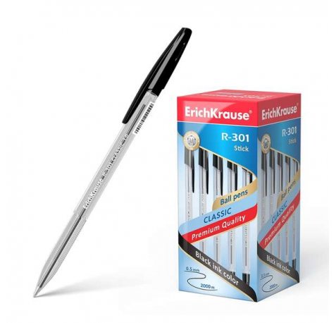 Erichkrause Boligrafo R-301 Classic Stick 1.0 - Cuerpo Transparente Hexagonal - Punta de 1.0mm - Tinta de Secado Rapido - Color Negro (50 uds)
