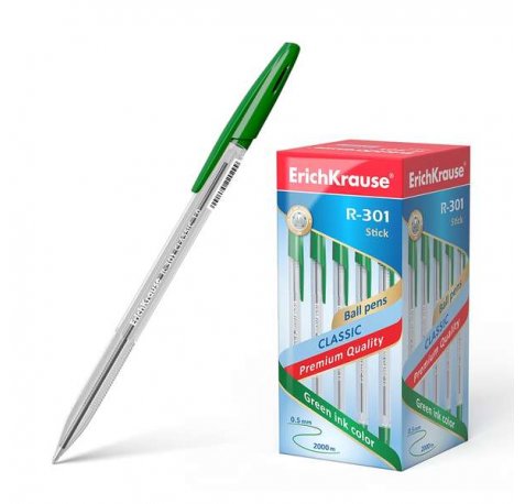 Erichkrause Boligrafo R-301 Classic Stick 1.0 - Cuerpo Hexagonal Transparente - Punta de 1.0mm - Tinta de Secado Rapido - Color Verde (50 uds)