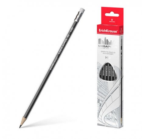 Erichkrause Megapolis HB - Lapiz de Grafito Triangular con Goma de Borrar - Madera Seleccionada - Dureza HB - Resistente al Impacto - Facil Afilado - No Araña El Papel - Borrador de Dureza Media - Caucho Termoplastico Hipoalergenico - Color Negro (12 uds)