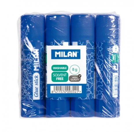 Milan Pack 4 Barras de Pegamento 8 g - Multiusos - Multisuperficies - Sin Disolventes - Uso Escolar - Color Azul