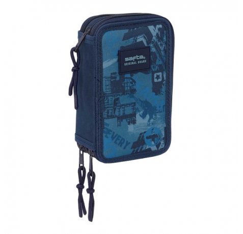 Safta New Edition Plumier de 3 Pisos - 37 Piezas - 1.3L - Goma - Lapiz - Boligrafos - Sacapuntas - Reglas - 16 Colores - 14 Rotuladores - 125x55x195mm - Color Azul